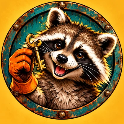 Our illustrated raccoon mascot, proudly holding a found key